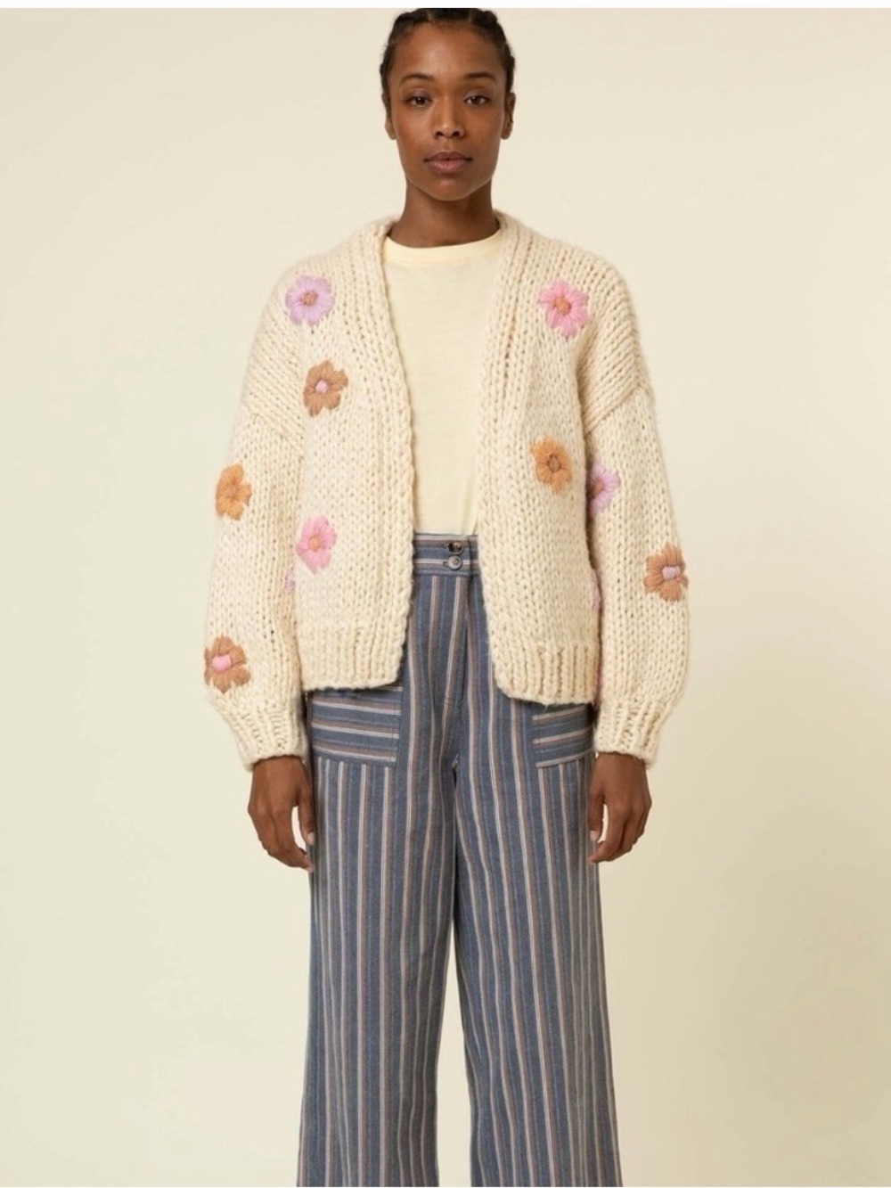 FRNCH Taya Cream Crochet Flower Cardigan Women’s Size M/L Cozy